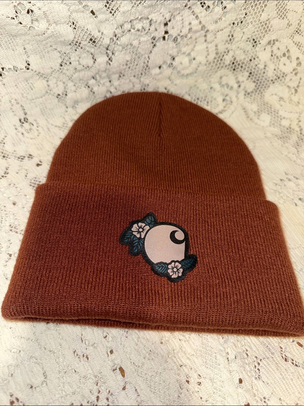 Carhartt Rust Brown Beanie with Floral Moon Patch